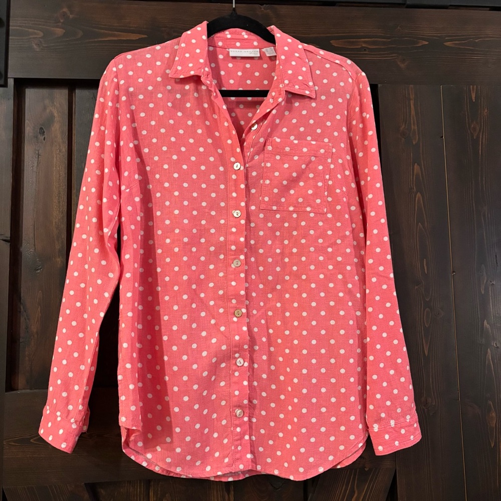 ❗️FINAL❗️Susan Graver Pink Coral Polka Dot Button Down Shirt XS